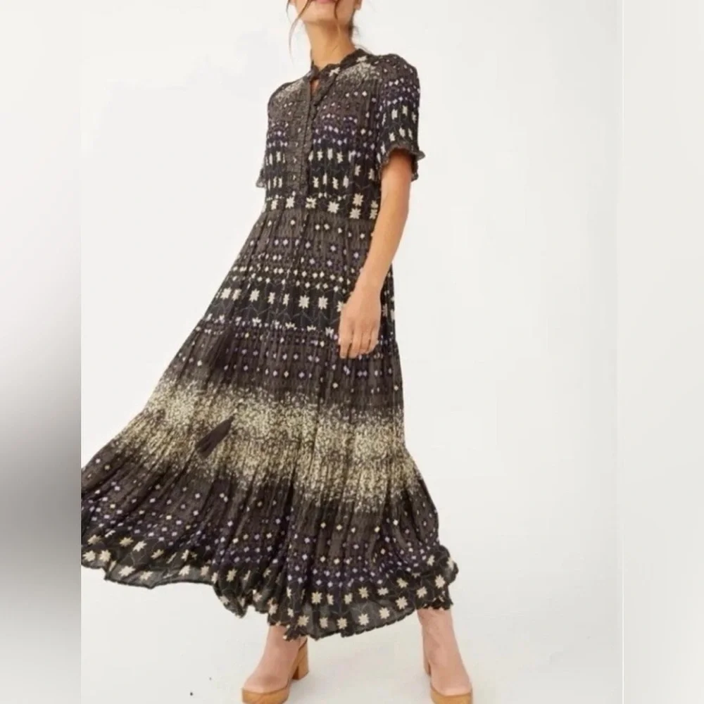 Free People RARE Feelings Tiered Maxi Boho Whimsigoth Dress Multicolor Size M